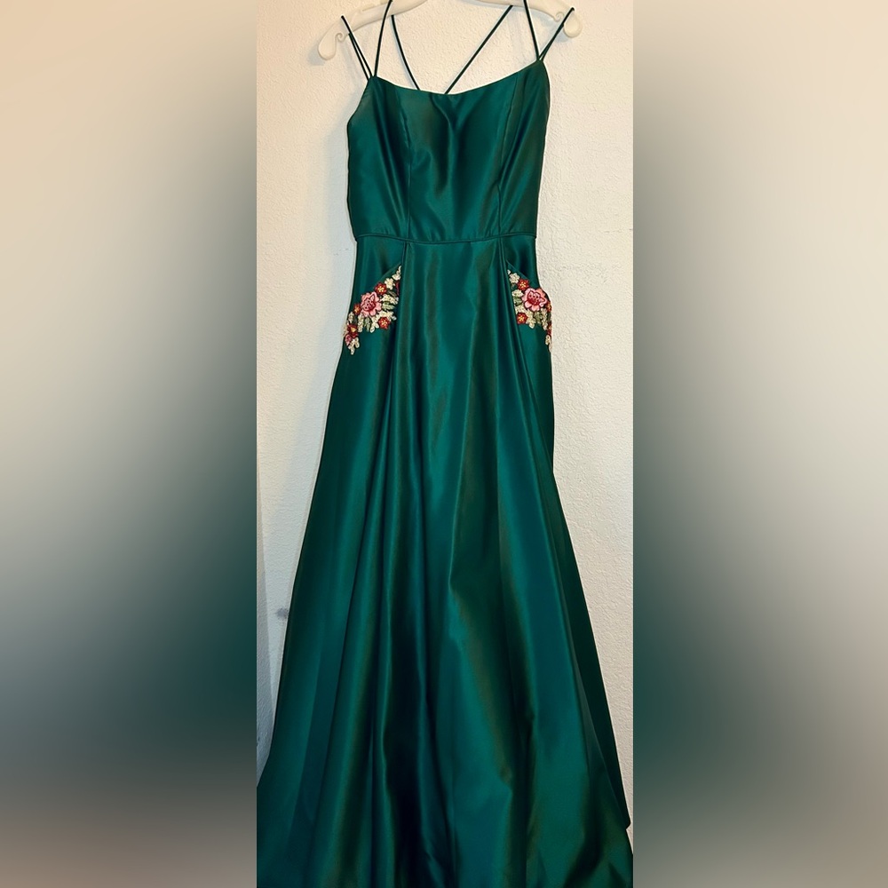 Blondie Nites Satin Dress 3 Floral Pockets Double Strap Gown Green Davids Bridal - Picture 4 of 16